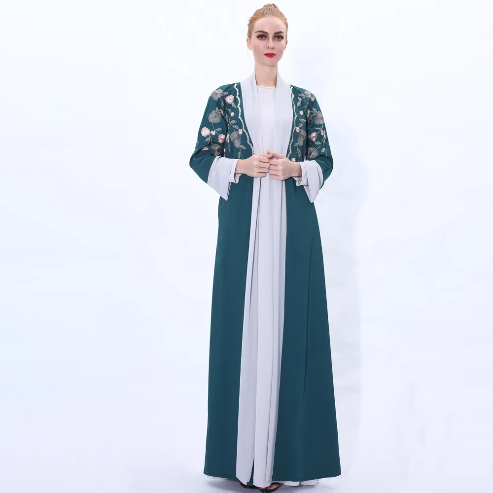 Embroidery Women Abaya Fashion Chiffon Patchwork Cardigan Long Dress Dubai Puff Sleeves Outerwear Cardigan Robe Islam Clothing