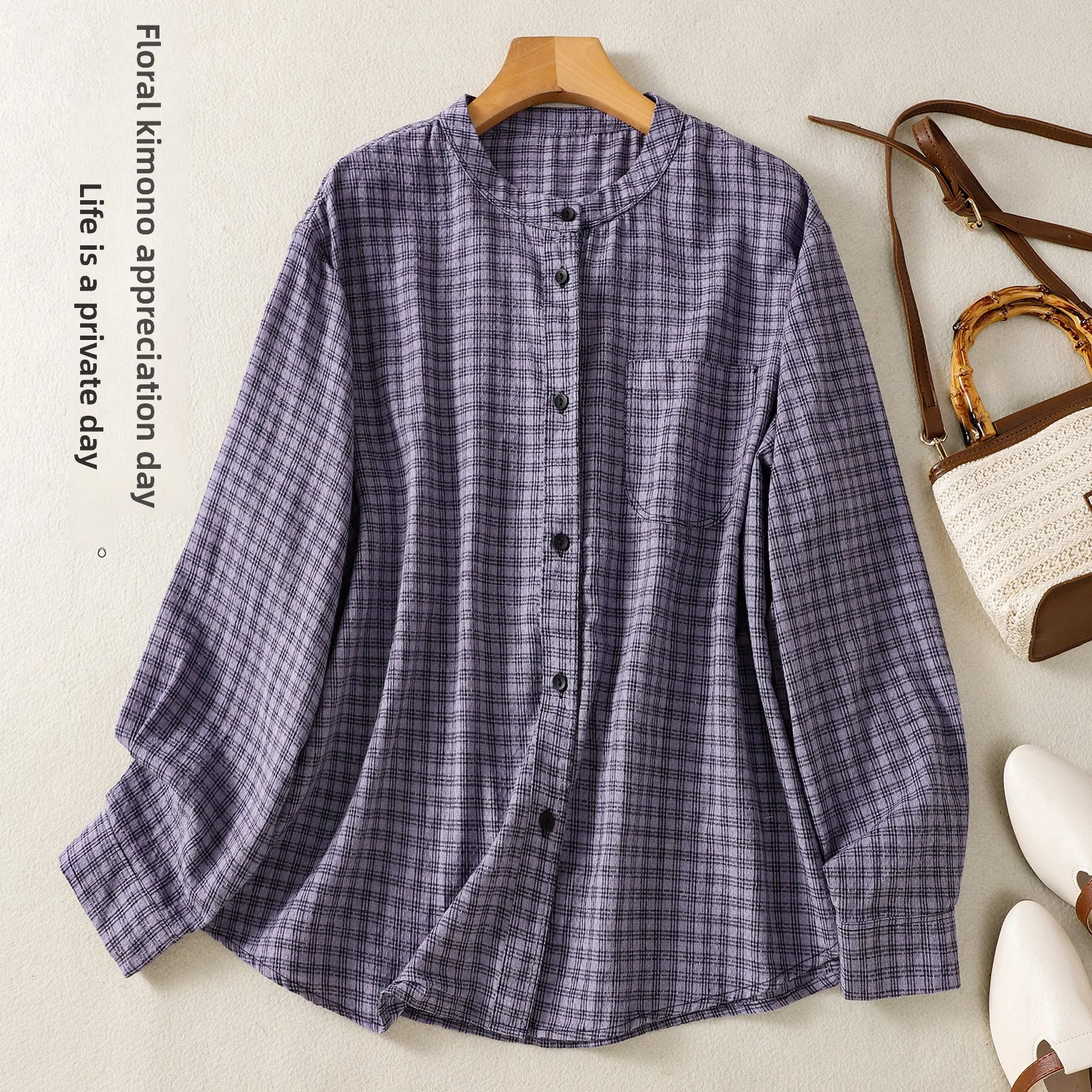 เสื้อคลุมคาร์ดิแกนผ้าลินินลายสก็อตสีเรโทรสำหรับผู้หญิง ทรงยาว ตัดเย็บอย่างประณีต คอตั้ง ดีไซน์ศิลปะ เปิดด้านบน ยาว...