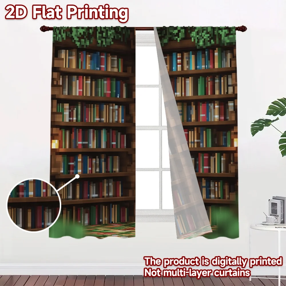 2D flat 2pcs Curtain Country Style Pixel Bookshelf Corner Digitally printed polyester Festive Curtains Perfect for Indoor