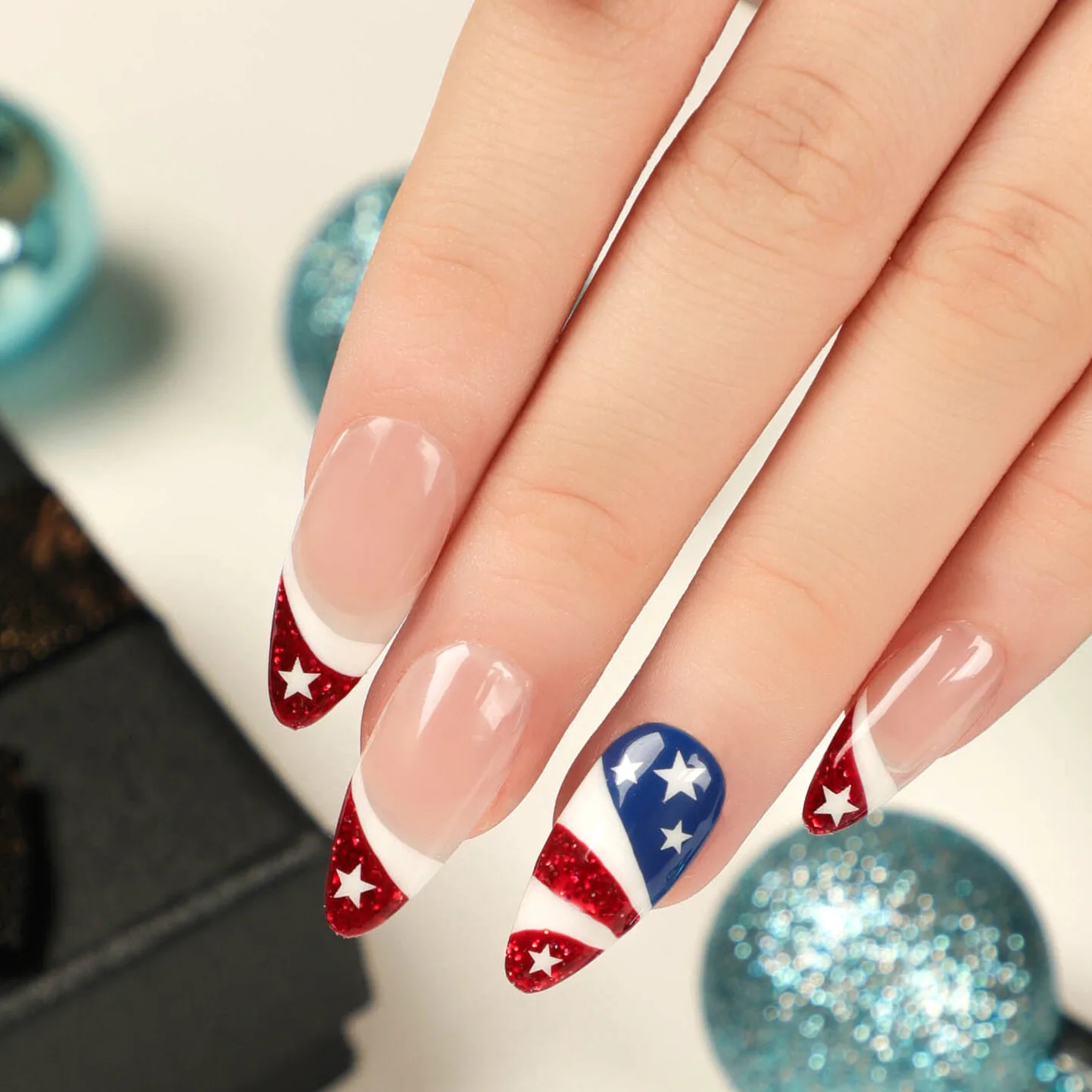 4th of July French Tips Press on Nails Independence Day Patriotic Fake Nails Medium Almond with Red Blue White Striped Star Flag