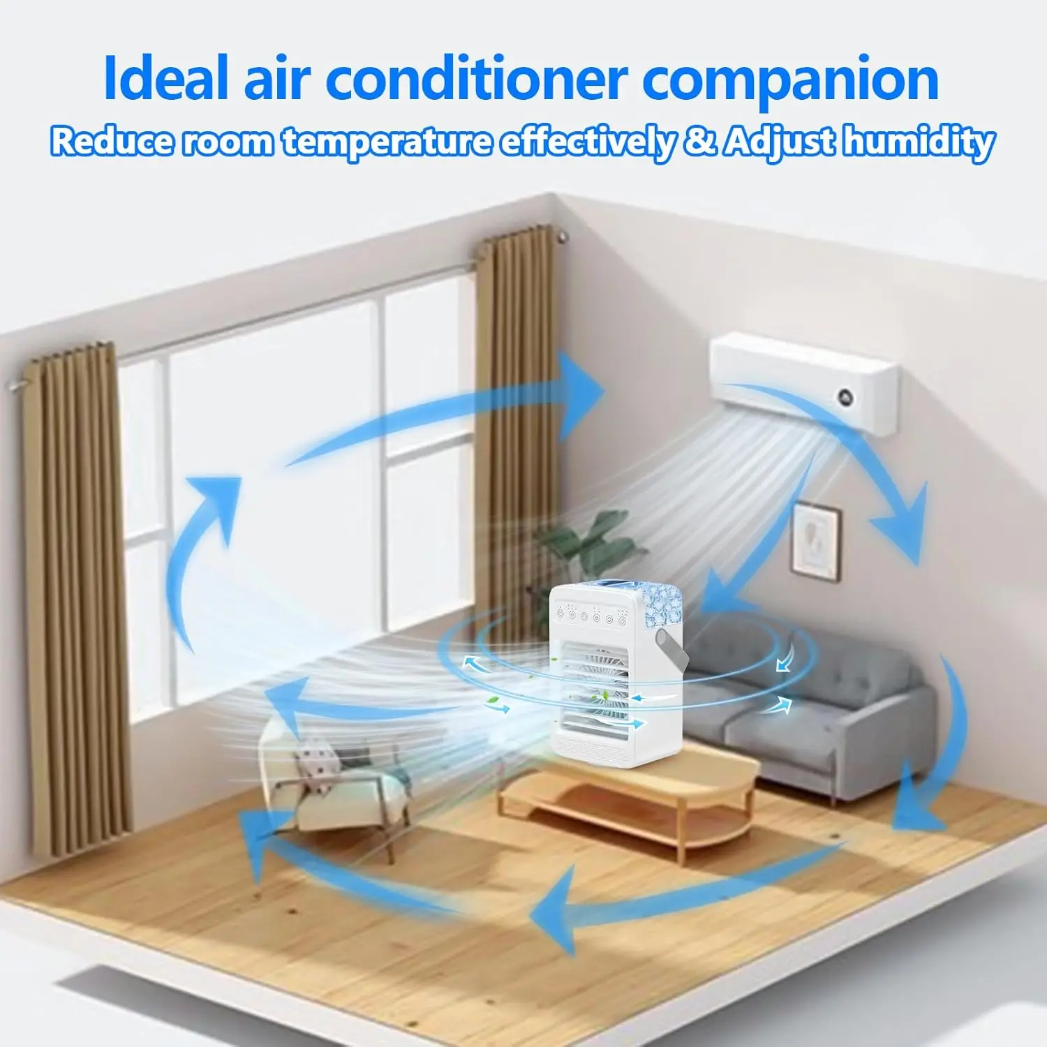 Aire acondicionado de oscilación de 180 °, Enfriador de aire portátil con 4 velocidades de viento, unidad de luz ambiental integrada, tanque de agua grande