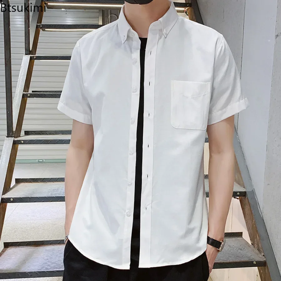 2025 Men's Summer Casual Short Sleeve Shirt 100% Cotton Loose Solid Oxford Business T-Shirts Brand Youth Boy Fashion Clothing