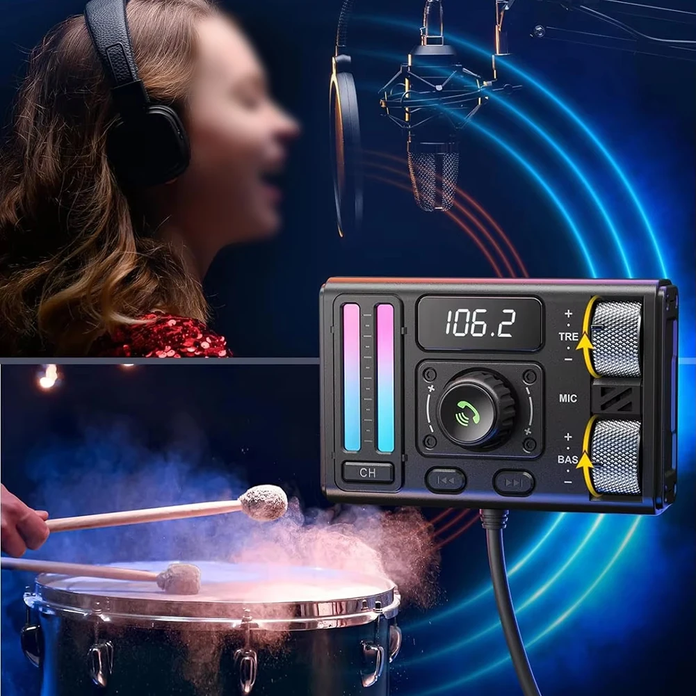 

Dual Charging Ports FM Transmitter Road Trips Adjustable Treble And Bass Concert-like Sound Quality For Smart Devices