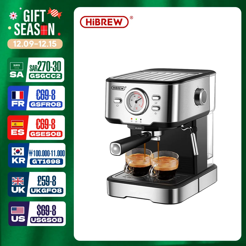 HiBREW Cafetera 20 Bar Espresso inox Semi Automática Expresso Cappuccino Agua Caliente Vapor Temperatura Pantalla H5