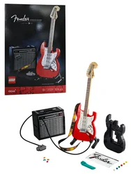 LEGO 21329 Ideas Fender Stratocaster Architecture Suite; Fender Stratocaster guitar model and 65 Princeton reverb amplifier