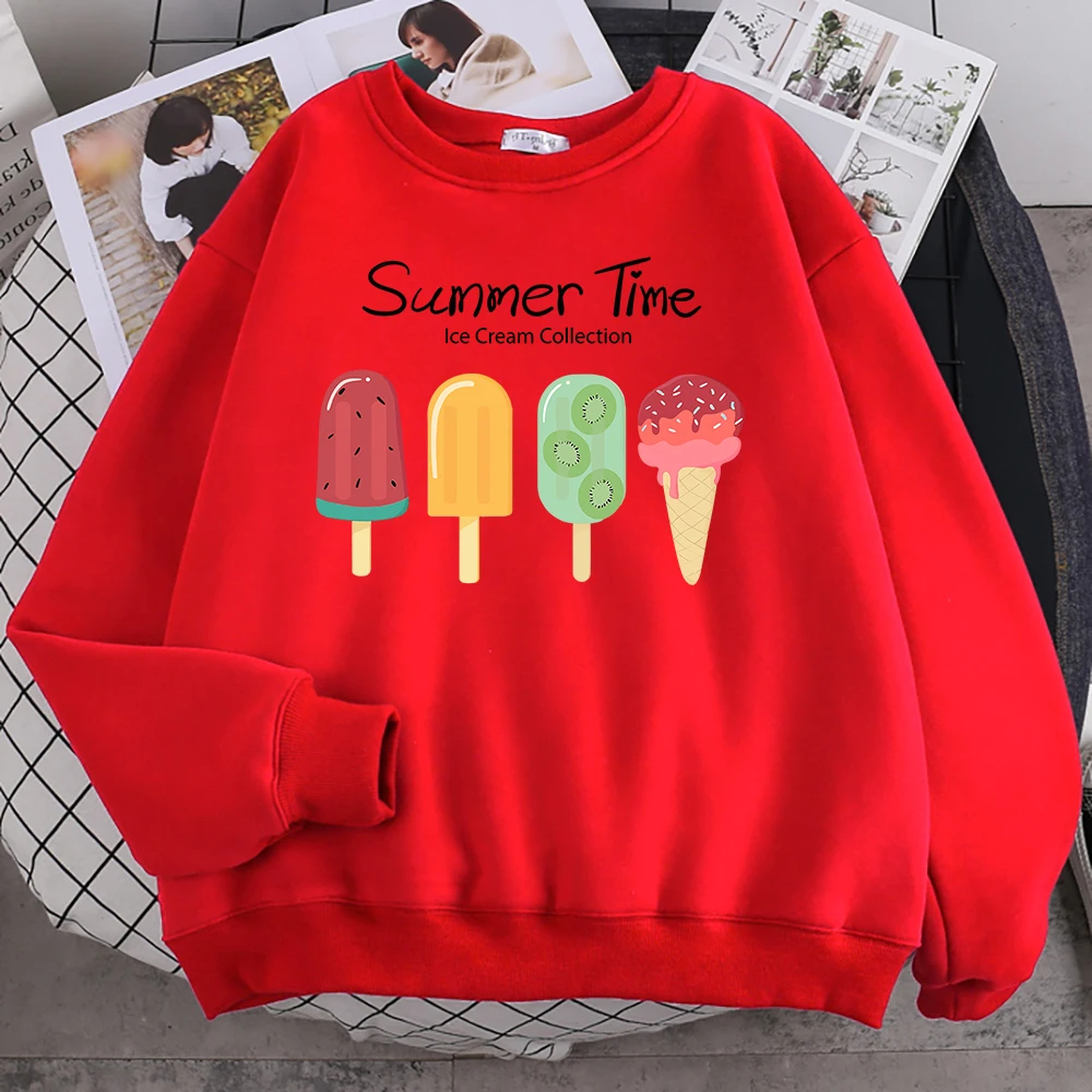 Street Funny Sweatshirts For Women Summer Time Fruit Ice Cream Collection Print Hoodie Soft Fleece Pullovers Loose Warm Clothes