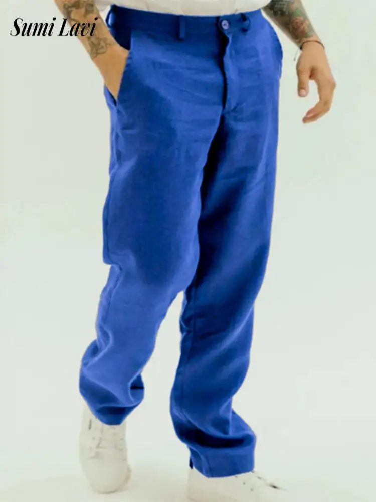 Casual ademende losse rechte broek heren herfst dagelijkse vrije tijd effen kleur broek heren lente vintage linnen broek