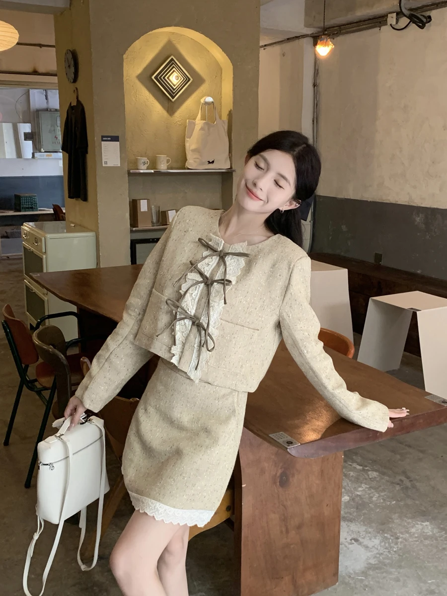 Real Shot Plus Size Classic Style Frog Button Versatile Casual Elegant Top Jacket Skirt Top Two-piece Set for Women Female Lady