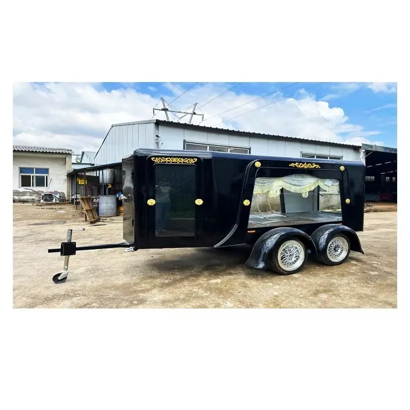 Customized Funeral Hearse Trailer Golden Floral Decoration Side Door Glass Window Motorcycle Towing Funeral Transport Trailer