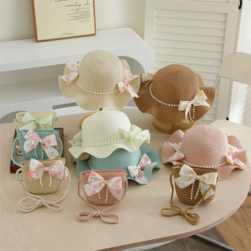 

New Fashion 2 Pcs Cute Bow Beach Hat and Shoulder Bag Girls Outdoor Flowers Beach Cap Cute Travel Beach Sun Hat Crossbody Bag