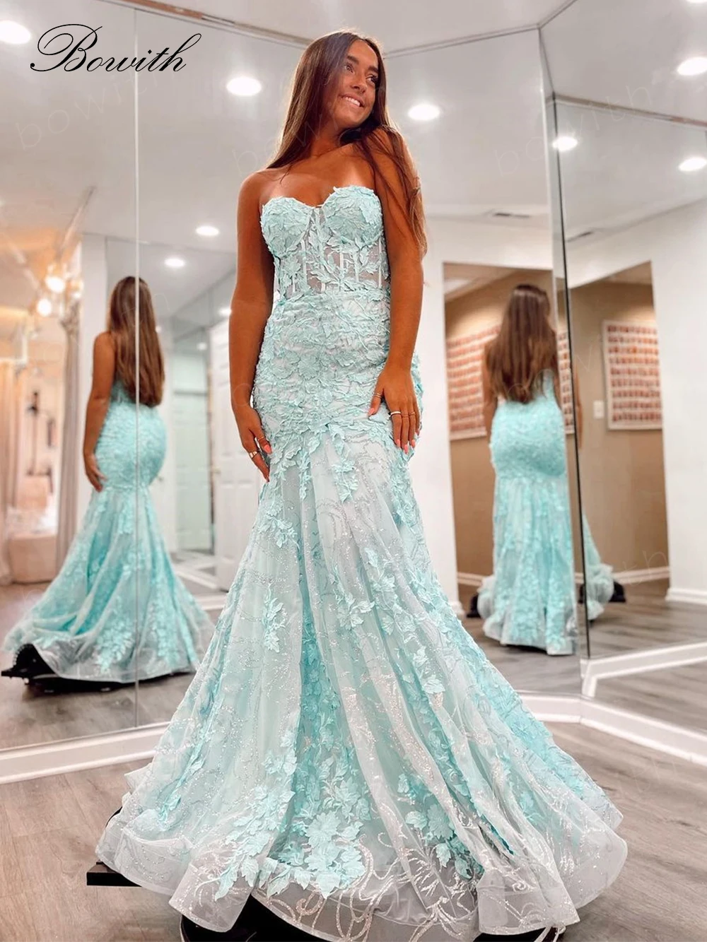 Bowith Strapless Prom Dresses Applique Mermaid Homecoming Dresses Formal Evening Party Dresses for Women Elegant Celebrity Dress