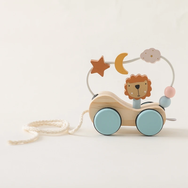 Montessori Wooden Rope Pulling Toy Wooden Block Maze Surround Toy Educational toy Car Stars Moon Novelty Toys for Baby Gifts