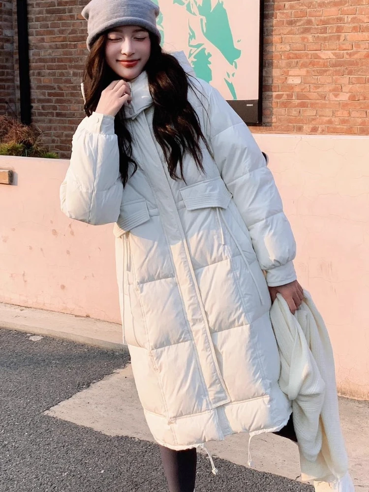 2025 New Down Jacket Women Korean Casual Loose Long Over Knee Hooded Parkas Winter Thicken Wear White Duck Puffer Coat Outerwear