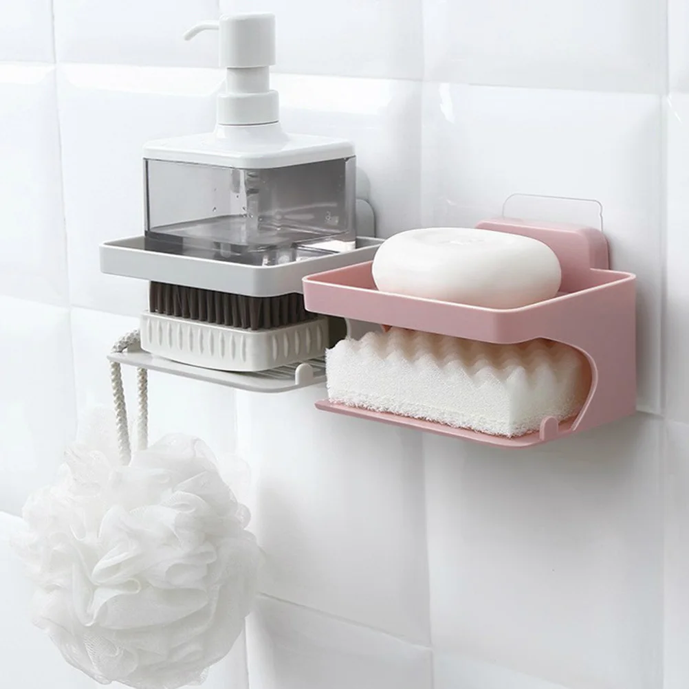 

1Pcs Soap Box Double Layer Fast Water Filtration Hanging Design Non Trace Adhesive Bathroom Kitchen Soap Holder Grey