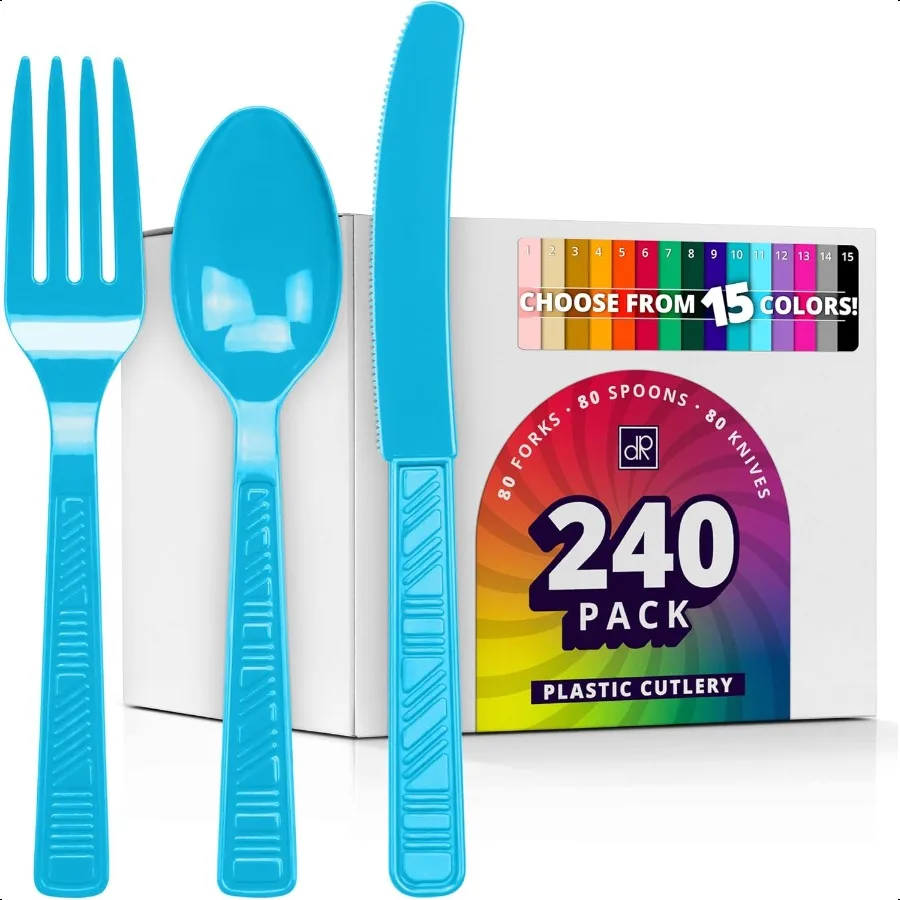 

Набор пластиковых столовых приборов, наборы пластиковых столовых приборов бирюзового цвета для вечеринок, 240 предметов, объемная сверхпрочная посуда, бирюзовый, 240 шт.