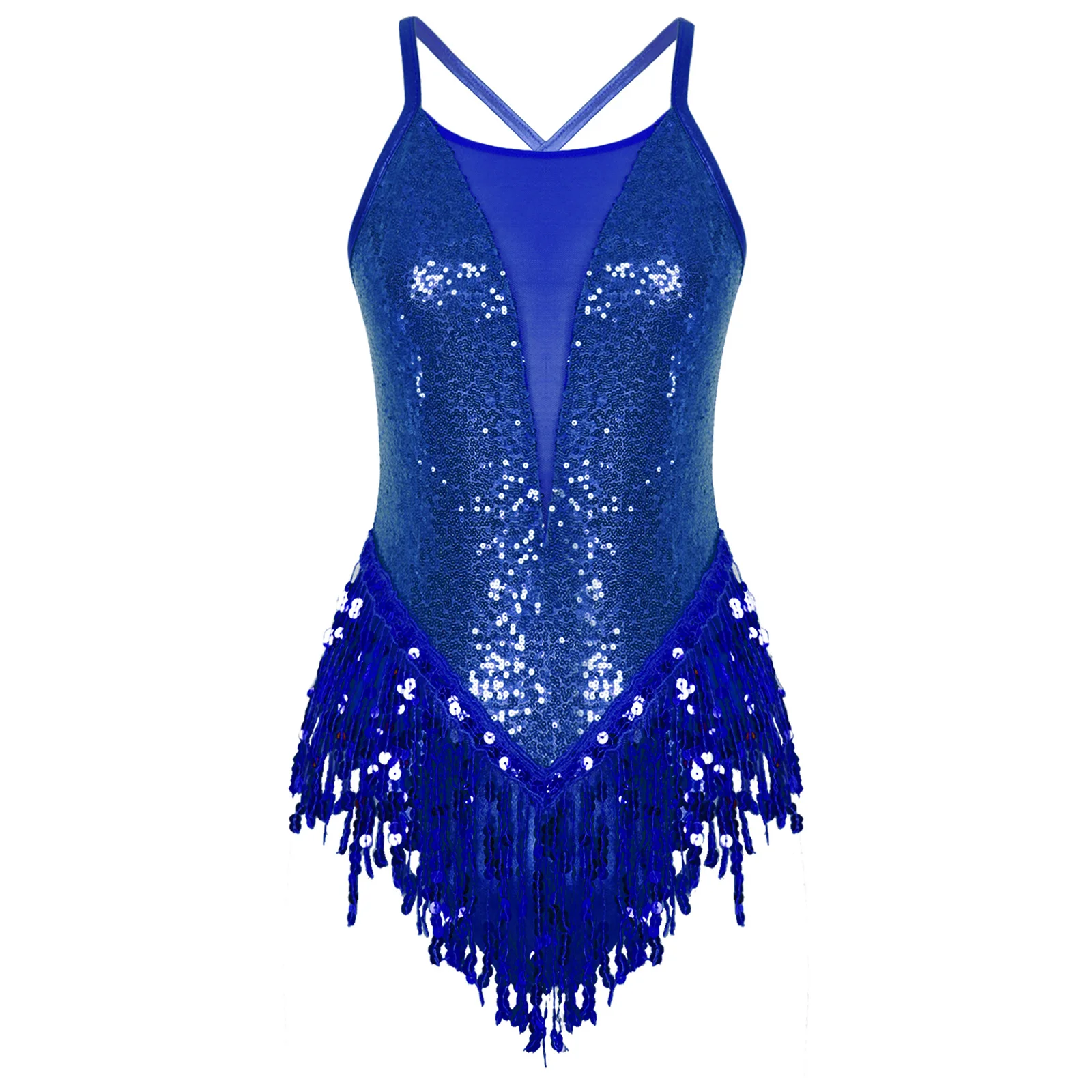 Womens Adults Sequins Tassels Latin Dance Jumpsuit Figure Skating Bodysuit for Femme Gymnastics Leotard Performance Dancewear