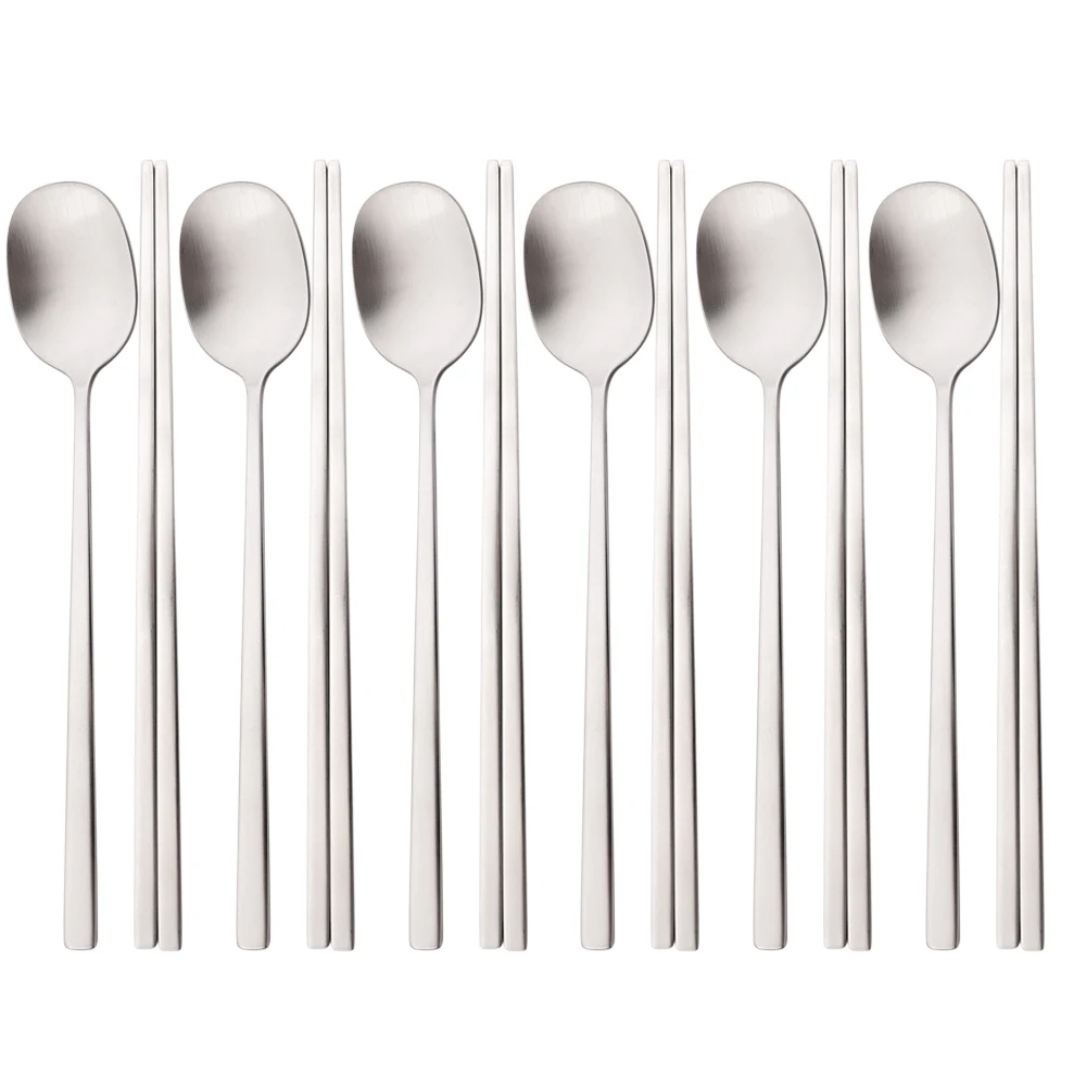 

Silver 12Pcs Korean Flatware Set Sushi Chopsticks Spoons Dinnerware Matter Stainless Steel Cutlery Set Kitchen Tableware Set