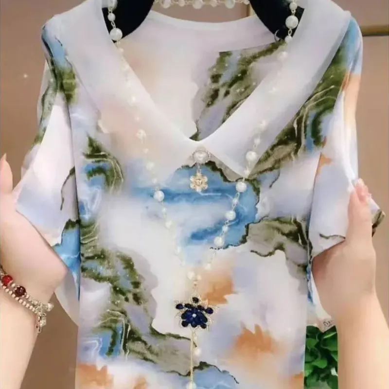 Commute Casual Floral Printed Blouse Summer Turn-down Collar Chic Pearl Three-dimensional Decoration Female Clothing Loose Shirt