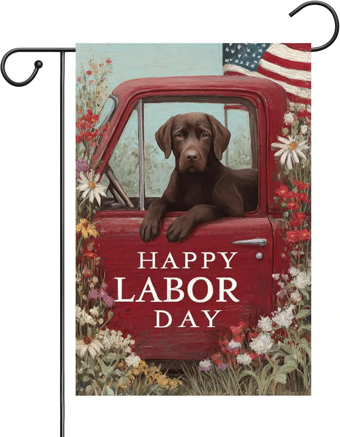 Bandera de jardín con diseño de perro labrador de chocolate para el Día del Trabajo. Hecho al estilo de un camión rojo americano. Y productos con temática patriótica MMZ