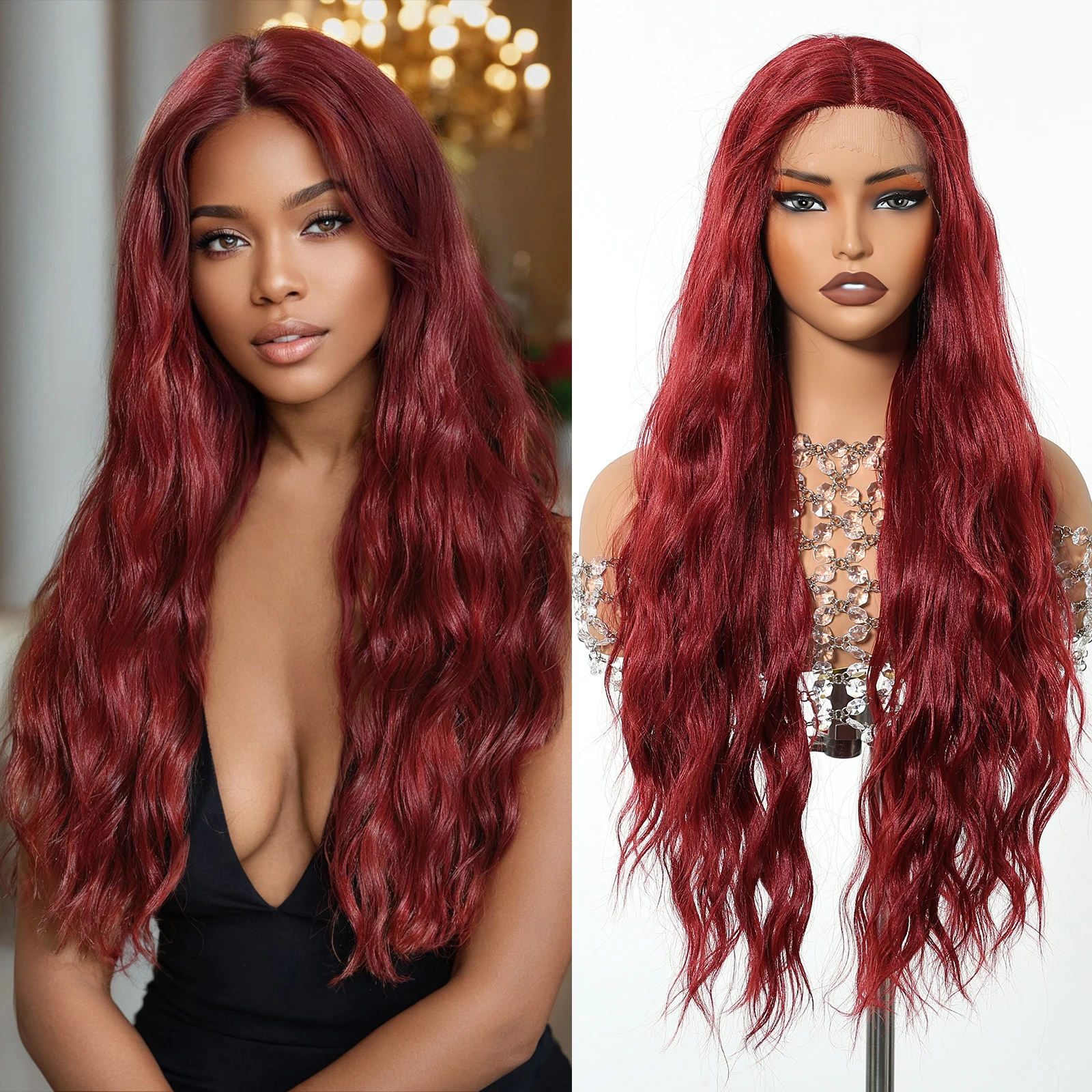 

Т-образный кружевной передний красный средний длинный вьющийся синтетический парик для женщин, термостойкие волнистые парики, женская повседневная одежда для вечеринок