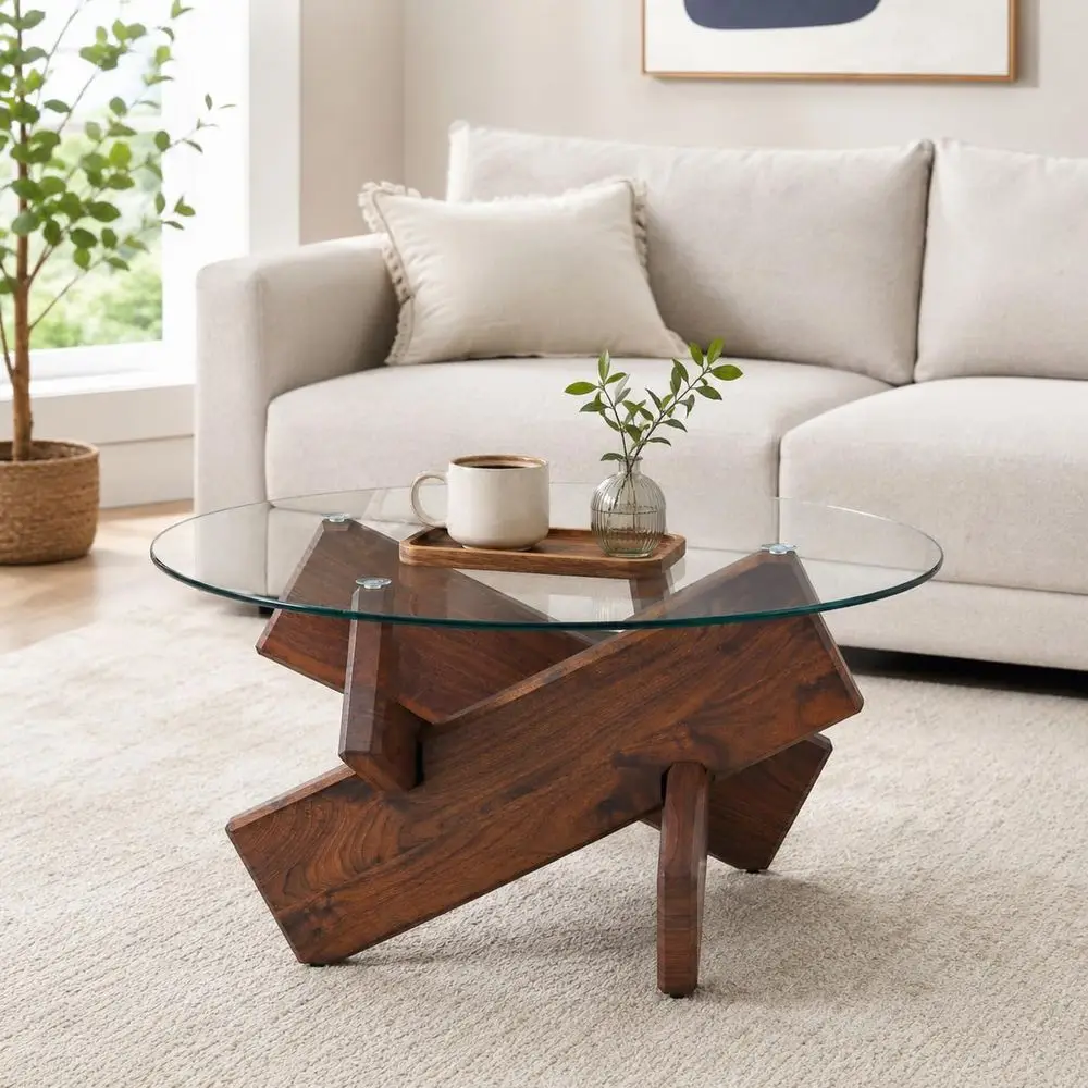 Round Glass Coee Table, 33.4-Inch Clear Tempered Glass Top | Rustic Walnut-inish ed Base, ern Glass Center Table or Living Room,