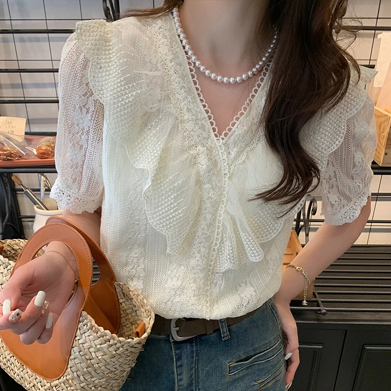 

Elegant Lace Ruffled Fairy Blouse Women 2023 Summer Fashion V-neck Short Sleeve Shirt Korean Ladies Casual Chic Tops