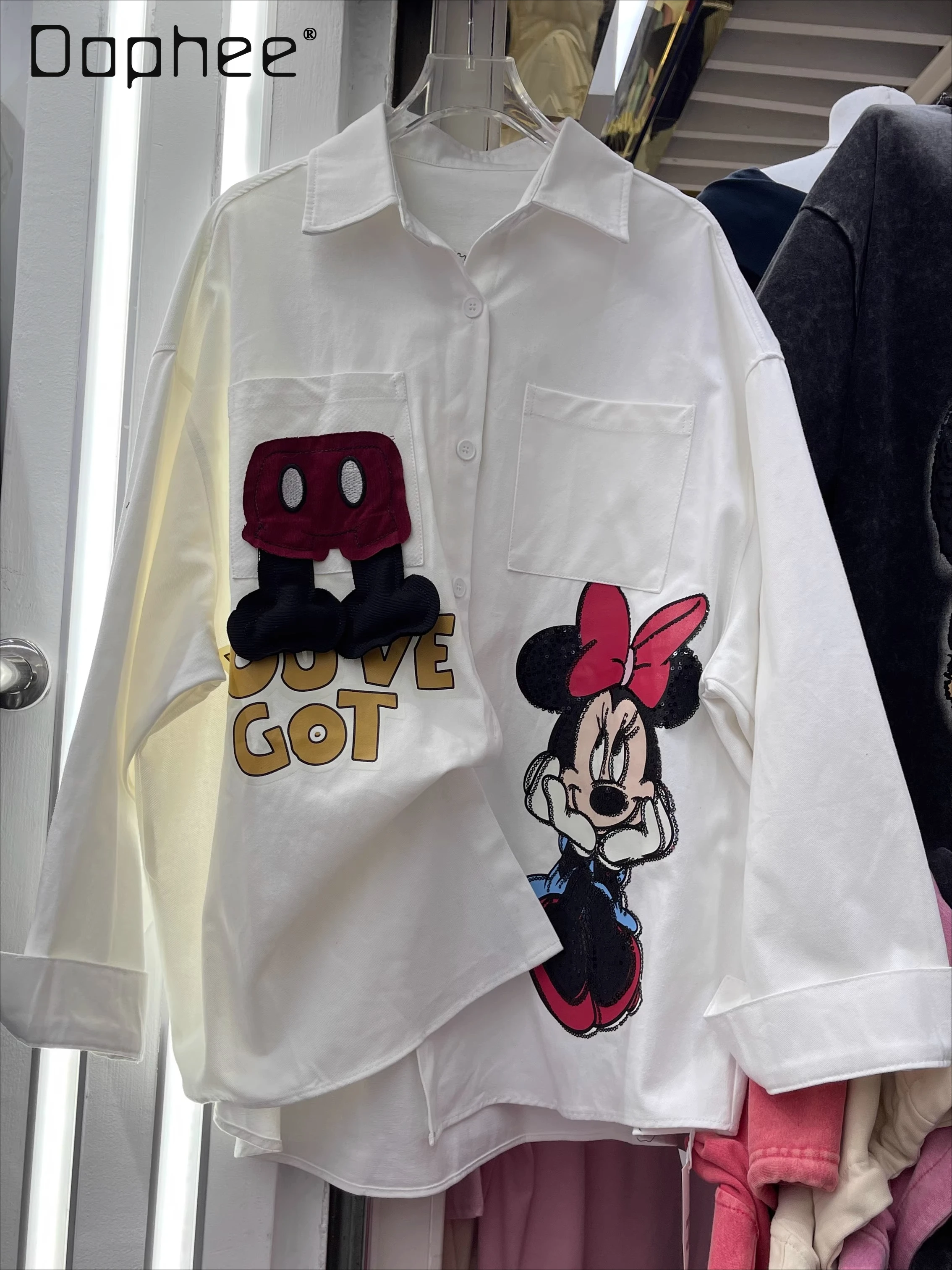 

White Shirts Long Sleeve Autumn New Heavy Embroidery Cartoon Print Sequin Shirt Jacket for Women Loose Single-Breasted Top