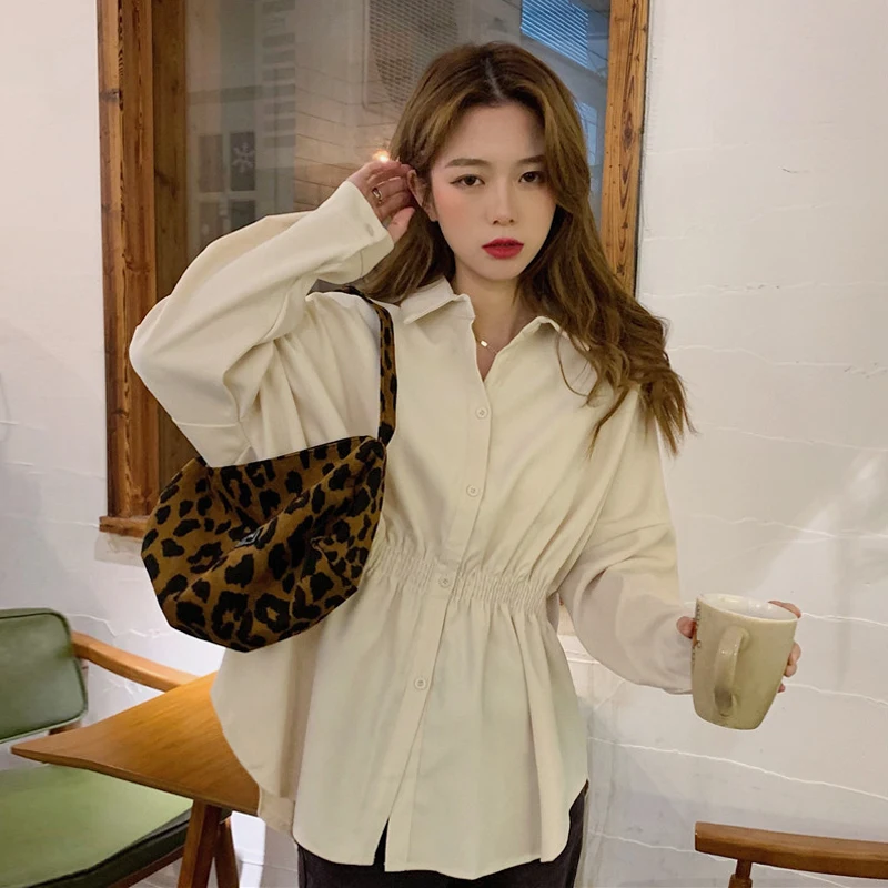 

Women's Gentle Style Long Sleeve Shirt Coat Slimming Waist Design Layering Outerwear Spring Autumn plus Size Loose Fit Top