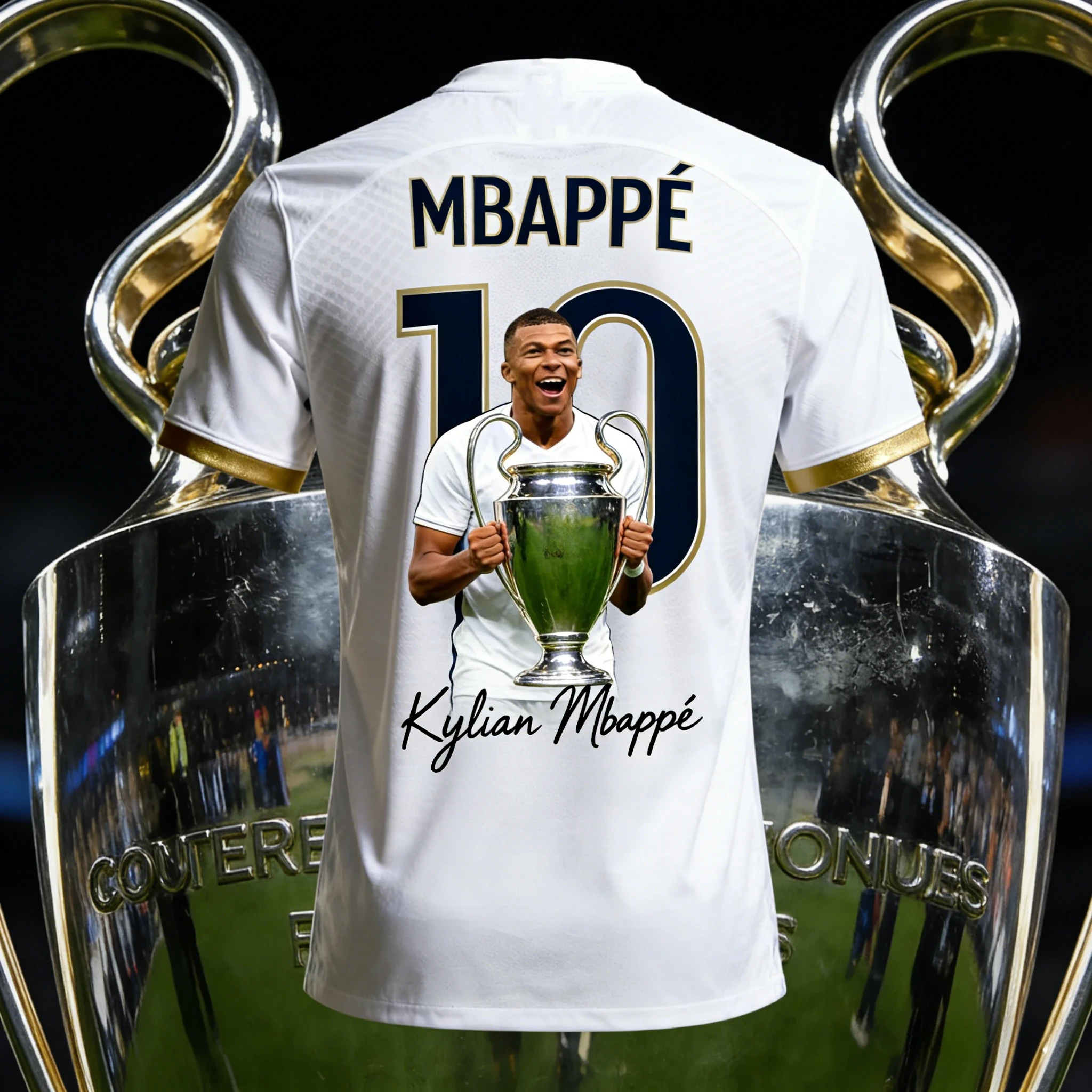 Camiseta con Estampado del Trofeo del Real Madrid de Mbappé, para Hombre y Mujer, Blanca y Dorada, Manga Corta, Estilo Casual Urbano, para Fanáticos del Fútbol