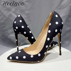 Heelgoo Black Polka Dot Women Satin Pointy Toe High Heel Shoes Elegant Classic Design Slip On Stiletto Pumps Plus Size 33-46
