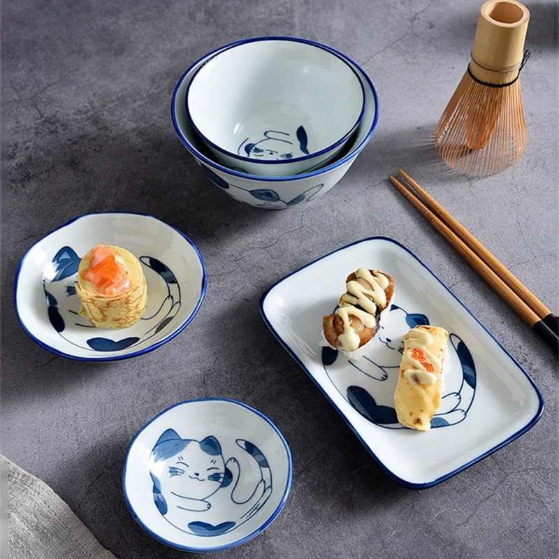 Japanese Cartoon Cat Dinnerware Set Dinner Plate Bowl Chopsticks Saucer Dishes Set For 1 Person