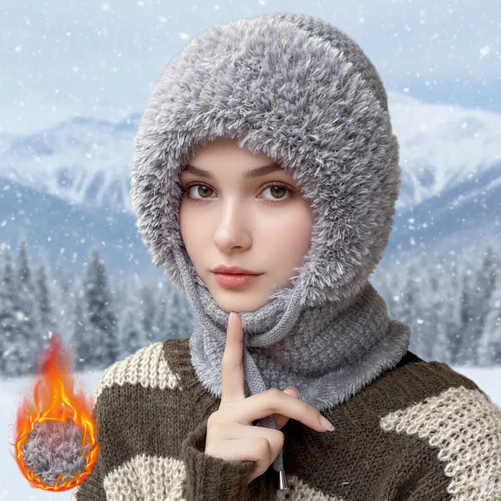 Winter Face Cover Fleece Lined Hat Thermal Windproof Knit Mask Scarf Hood for Outdoor Cycling Running Skiing Hiking