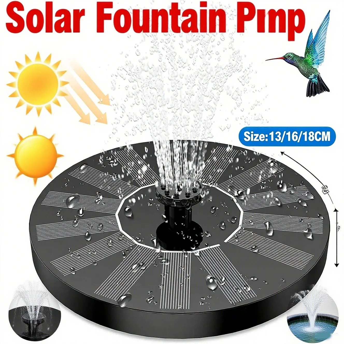 Solar Water Fountain Pumps in 13cm, 16cm, 18cm Ideal for Outdoor Garden Ponds, Bird Baths, Small Pools. 8-Nozzle Floating Style