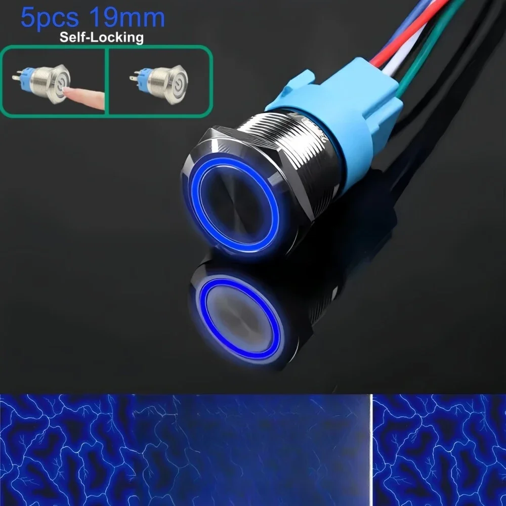 5Pcs 19mm Metal Push Button Switch 12V-24V Pre-Wired Self-Locking with Blue LED - Universal Car Industrial Control Push Switches