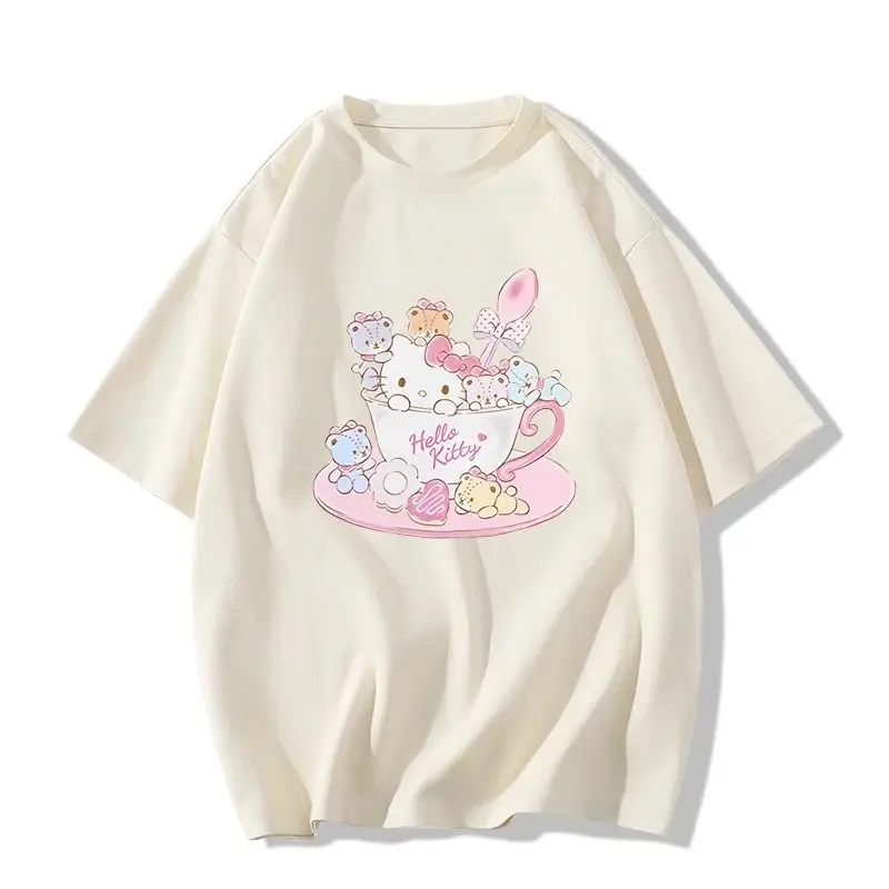 2024 Hello Kitty Sanrio T-shirt Kawaii Cartoon Print Cotton Tops O-neck Oversized Shirts Streetwear Splicing Top Women Clothing