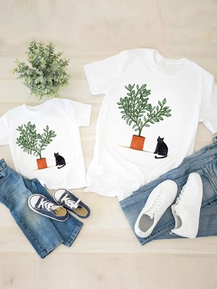 

Clothing Cat Plant Watercolor Cute Women Kid Son Child Summer Family Matching Outfits Mom Mama Mother Tshirt Tee T-shirt Clothes