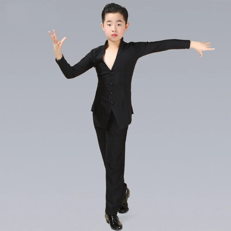 Latin Dance Top Boys Sexy V-Neck Shirt Black Wide Leg Pants Kids Latin Dance Competition Costumes Children Rumba Cha Cha clothes