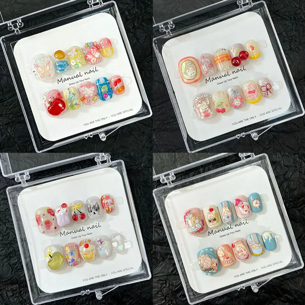 Cute Cartoon Rabbit Star Flower Dots Short Square Fake Nails Glitter Gemstone Bowknot Apple Cherry Nail Patch Party Stickers