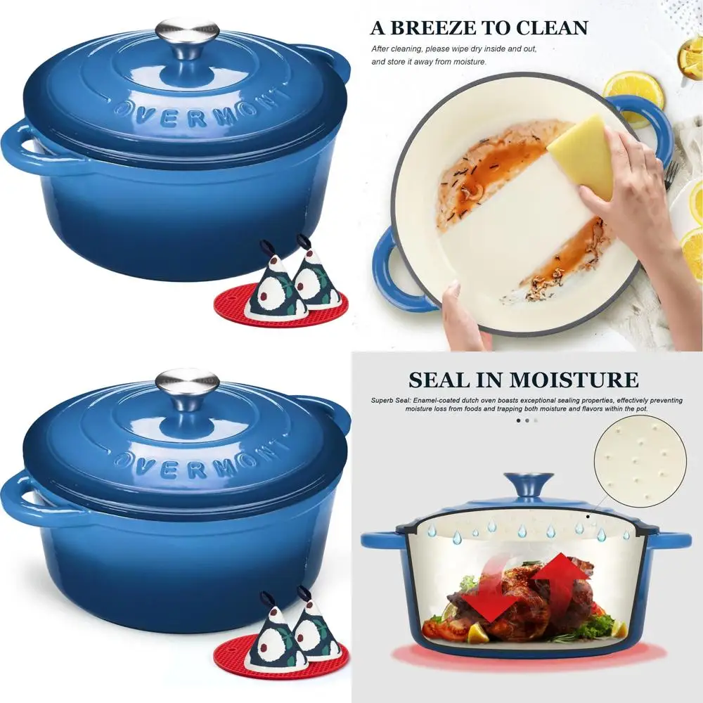 

5.5-Quart Enamel-Coated Cast Iron Dutch Oven with Lid and Cotton Potholders - Durable Cookware for Braising, Stews, Roasting, an