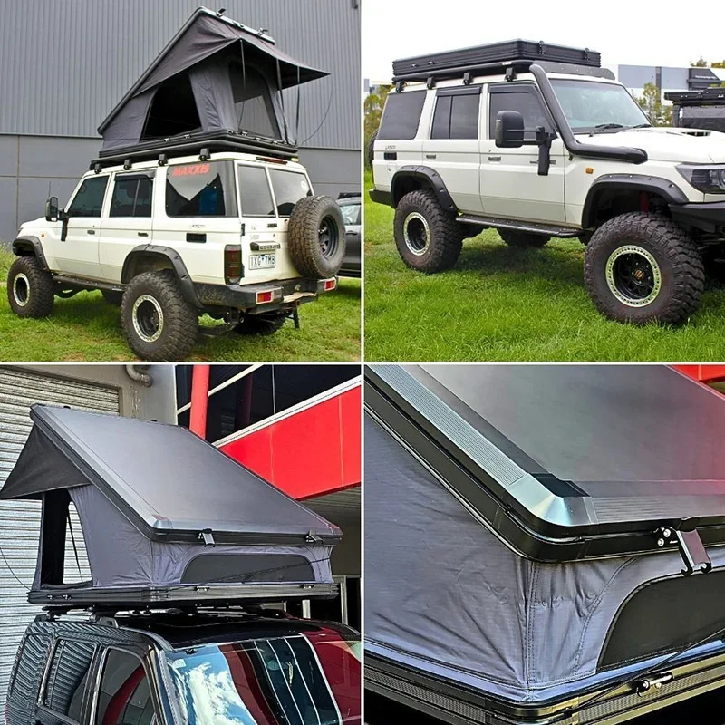 One Person Aluminum Alloy Hardtop Car Roof Tent Canvas Elevated Triangle Design Wind Rain Resistant Quick Automatic Opening