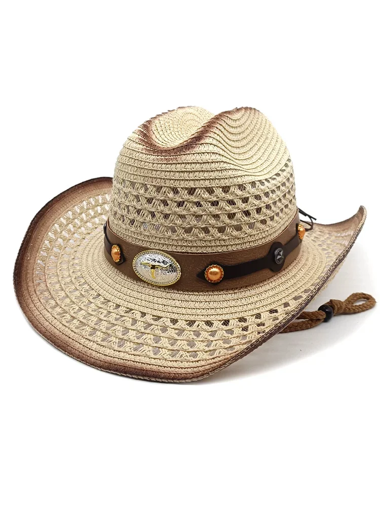 Retro zomer strohoed Western cowboyhoeden Verstelbare zomerstrandzonbescherming Zonnekap voor mannen en vrouwen Trekkoord - afbeelding 2