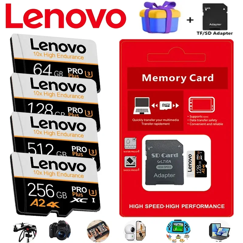 Lenovo High Speed 128GB 512GB 256GB SD Memory Card Class 10 Micro TF Flash Usb Pen Drive Card 64G for Smartphone UAV monitor