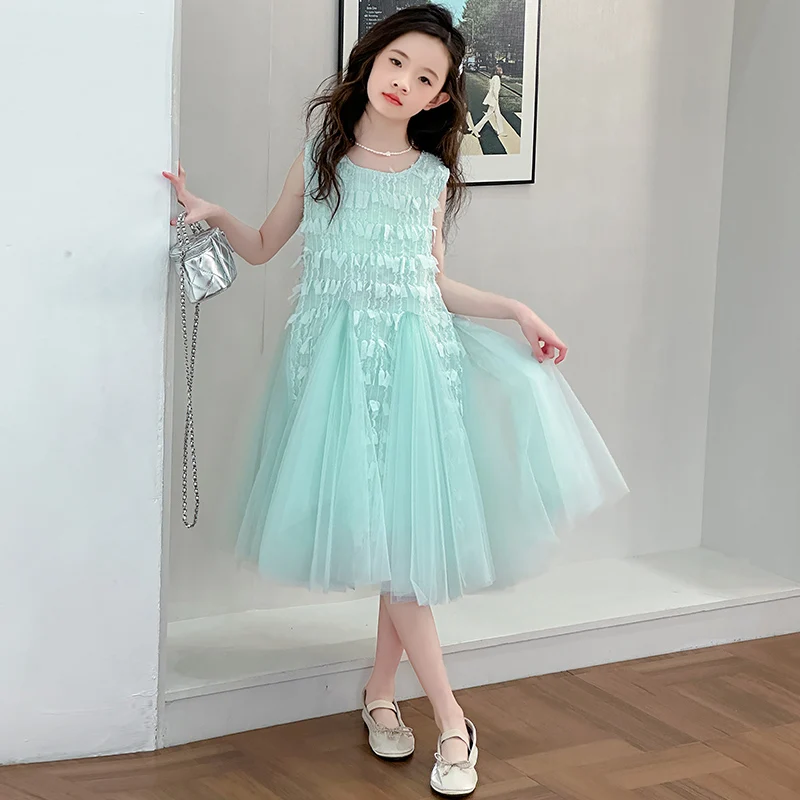 2025 New Summer Fashion Tassel Dress for Girls Sleeveless Chiffon Princess Dress Holiday Party Children's Skirt