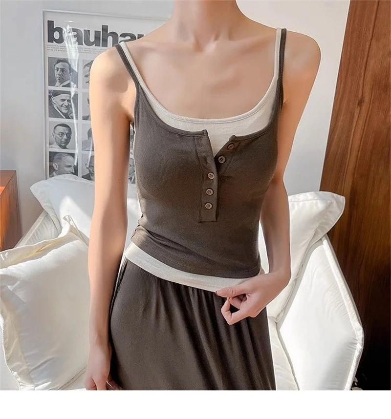 Farbblock-Spleiß-Design Zweiteiliges Damen-Camisole 2026 Sommer Neu Hot Girl Knopf-Tanktop mit Eingebauten Polstern Oberbekleidung Camis – Detail 11