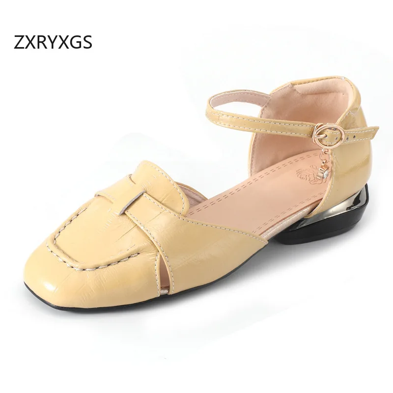 

ZXRYXGS Top Soft Cowhide Women Leather Sandals 2026 Summer Round Toe Low Heel Banquet Sandals Large Size Elegant Fashion Sandals