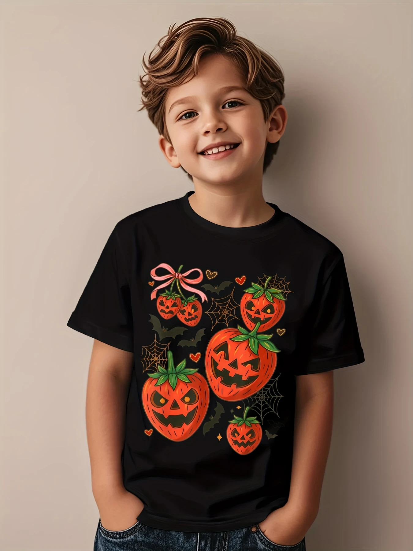 Spooky Strawberry & Pumpkin Halloween Print T-Shirt Anime Kurzarm T-Shirt Sommer Mädchen Jungen Shirt Casual Tops Rundhalsausschnitt Kleidung
