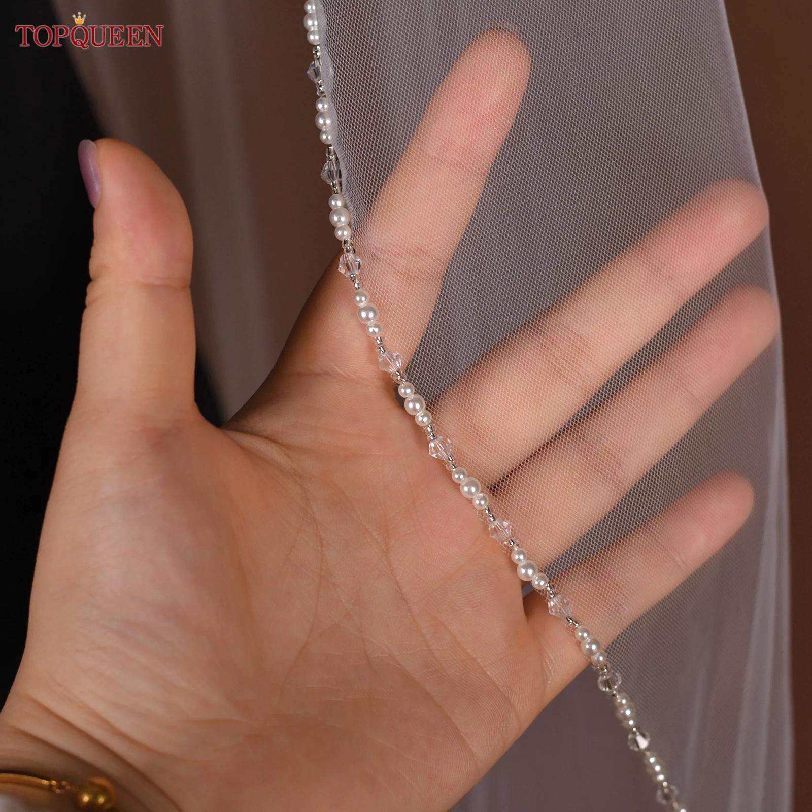 TOPQUEEN V107 Cathedral Bridal Wedding Veil Crystal Beaded Veil With Crystal Edge 1 Layer Soft Wedding Accessories Customizable