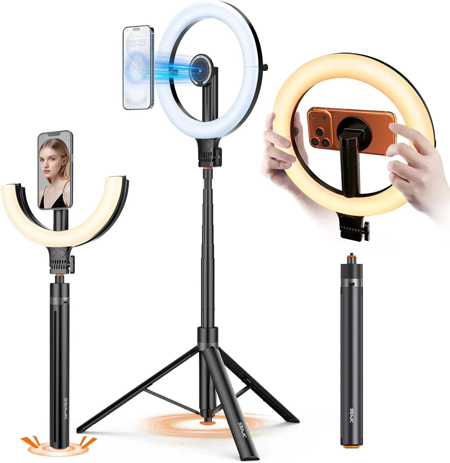 

10.2" Magnetic Ring Light with 64" Tripod for iPhone Mag Safe, 5000mAh Rechargeable Ring Light with Stand, 3000k-6500K P