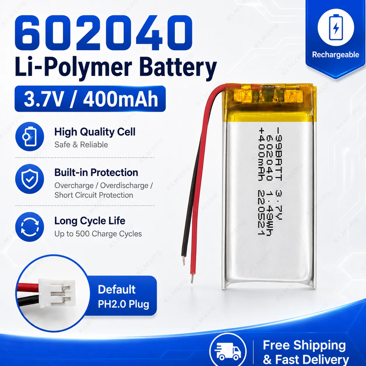 3.7V 400mAh 602040 LiPo Polymer Battery High Capacity Rechargeable Battery for Bluetooth Headset Beauty Device Selfie Stick