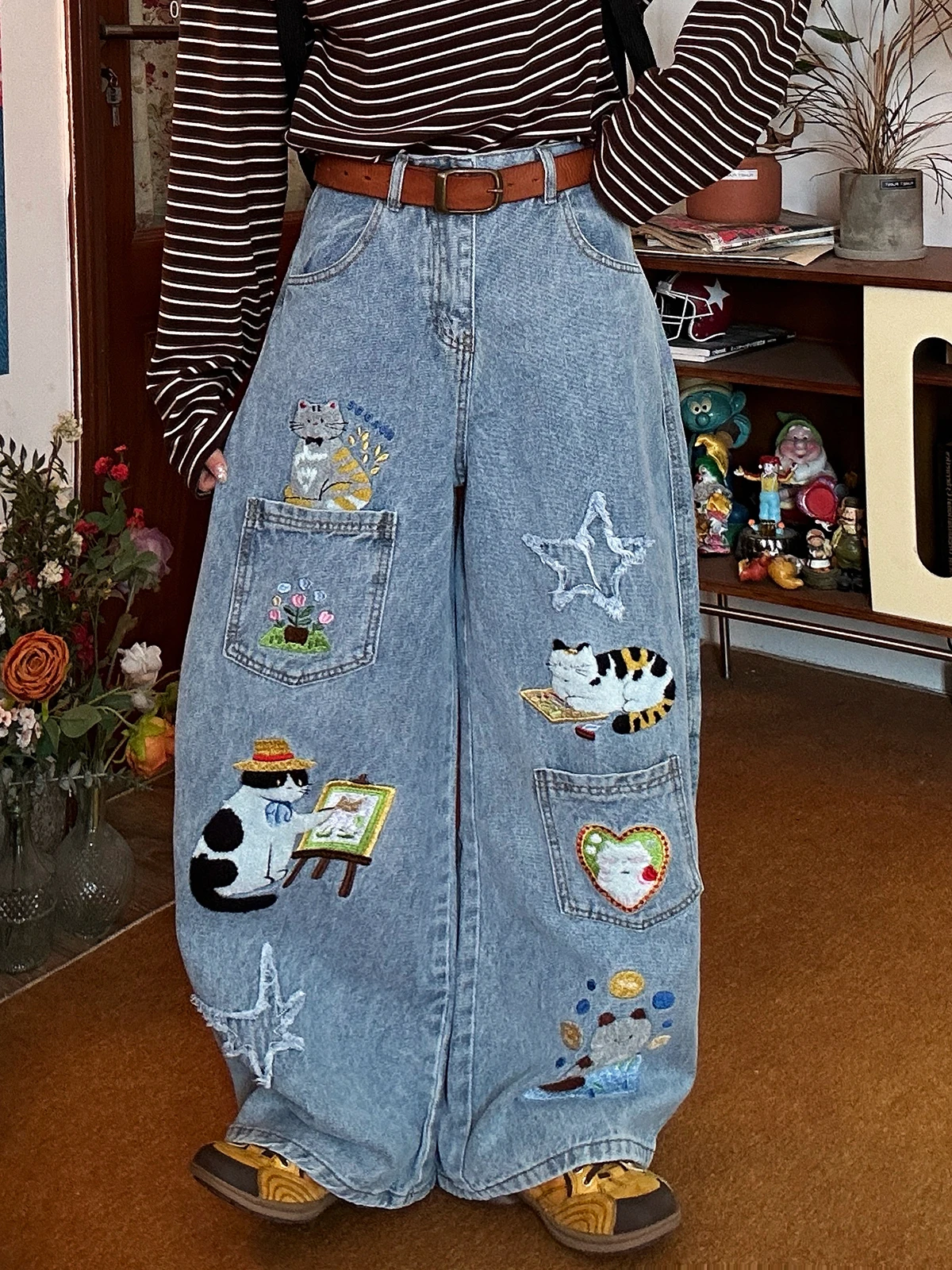 

Loose Women's Embroidered Denim Jeans C2 Cartoon Sle Wide Leg Pants Waed Patchwork Long Trousers Ladies Loose Fit Jeans